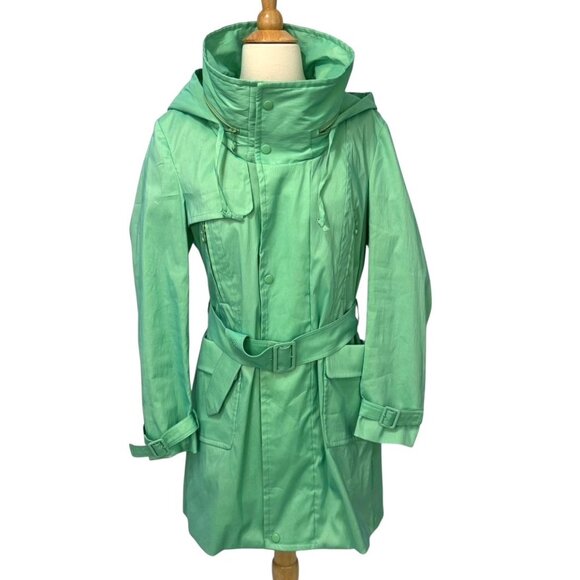 Samuel Dong Belted Jacket Iridescent Green Funnel Neck Trench Coat Hood Size S - Picture 1 of 16